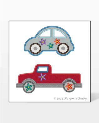 Cute Car and Pickup Truck with Flowers Machine Embroidery Set by Marjorie Busby