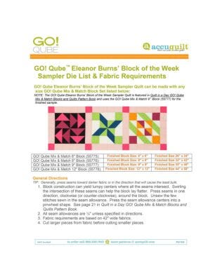 GO! Qube Block of the Week Sampler Quilt by Eleanor Burns Die List & Fabric Requirements