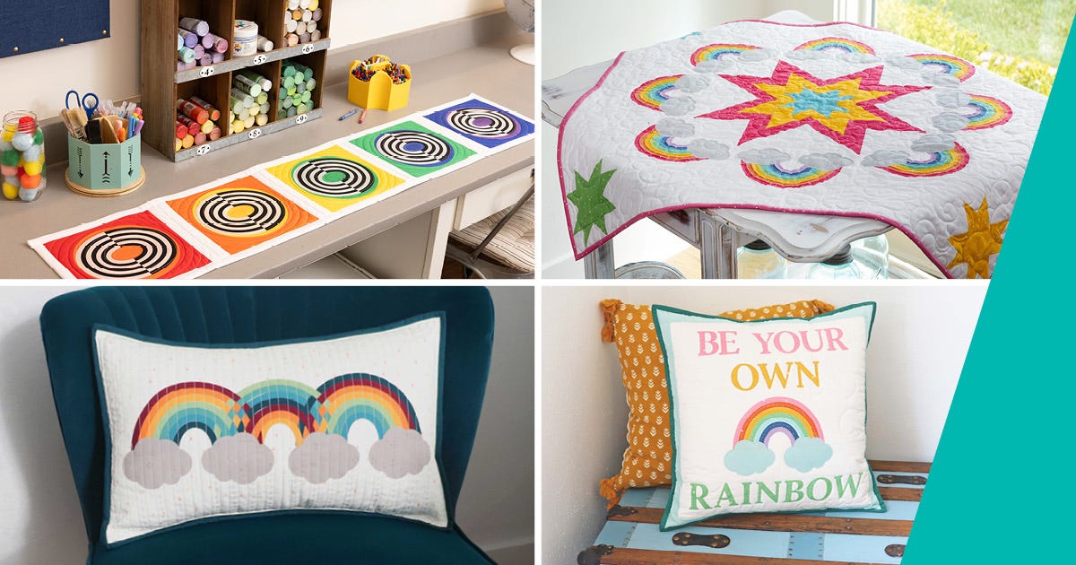 Four colorful quilt projects made with the GO! Rainbow Die, showcasing creative appliqué and patchwork designs