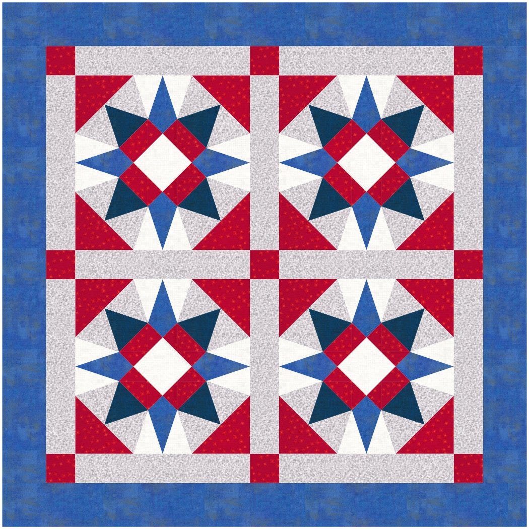 A Muted Solids and Prints Design for the Patriotic North Carolina Star Quilt