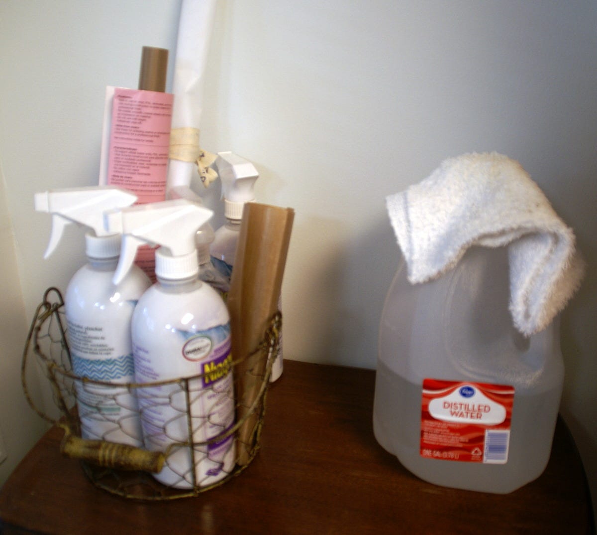 ironing supplies in decorative basket storage