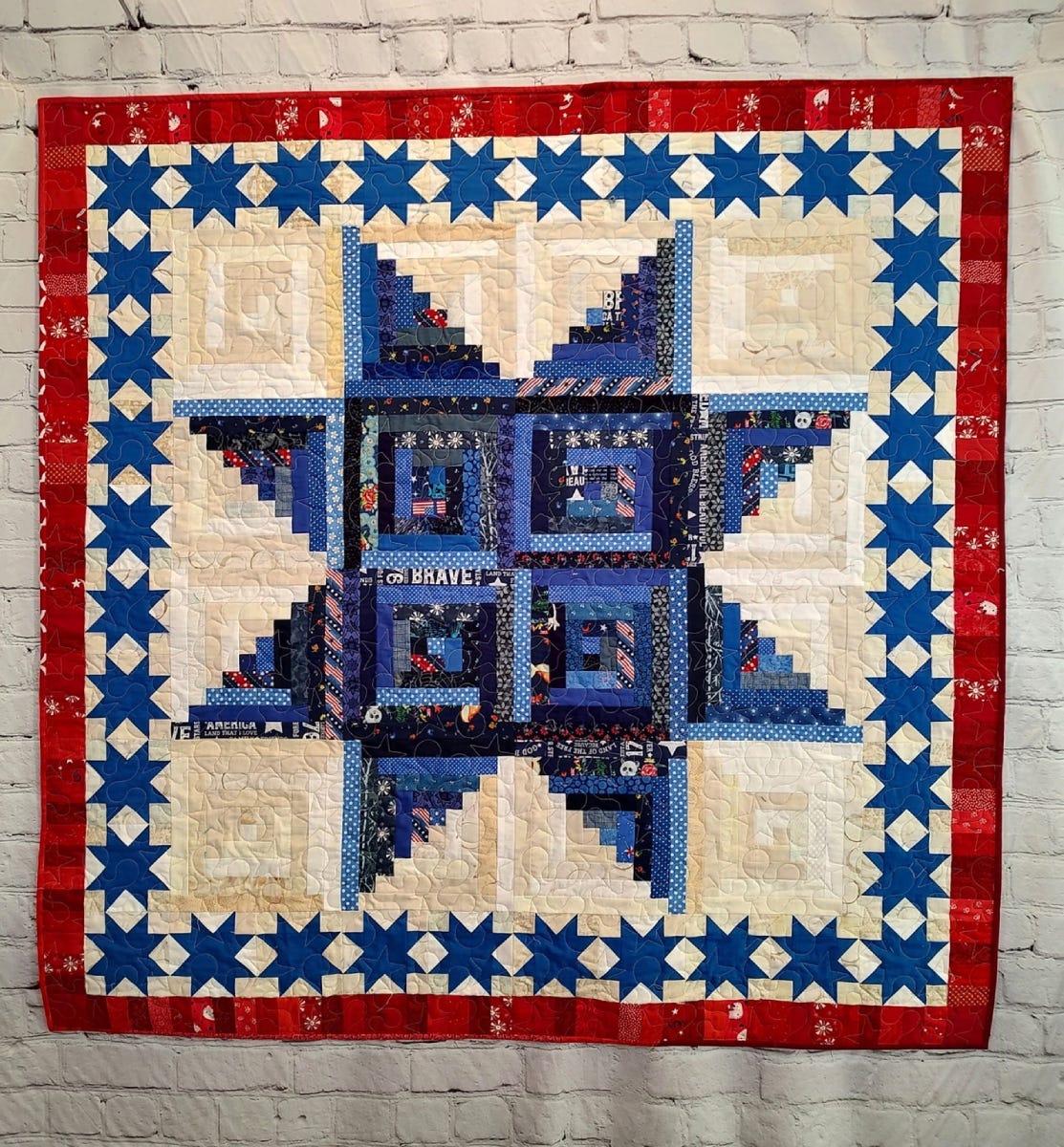 Finished Scrappy Patriotic Log Cabin Star Quilt