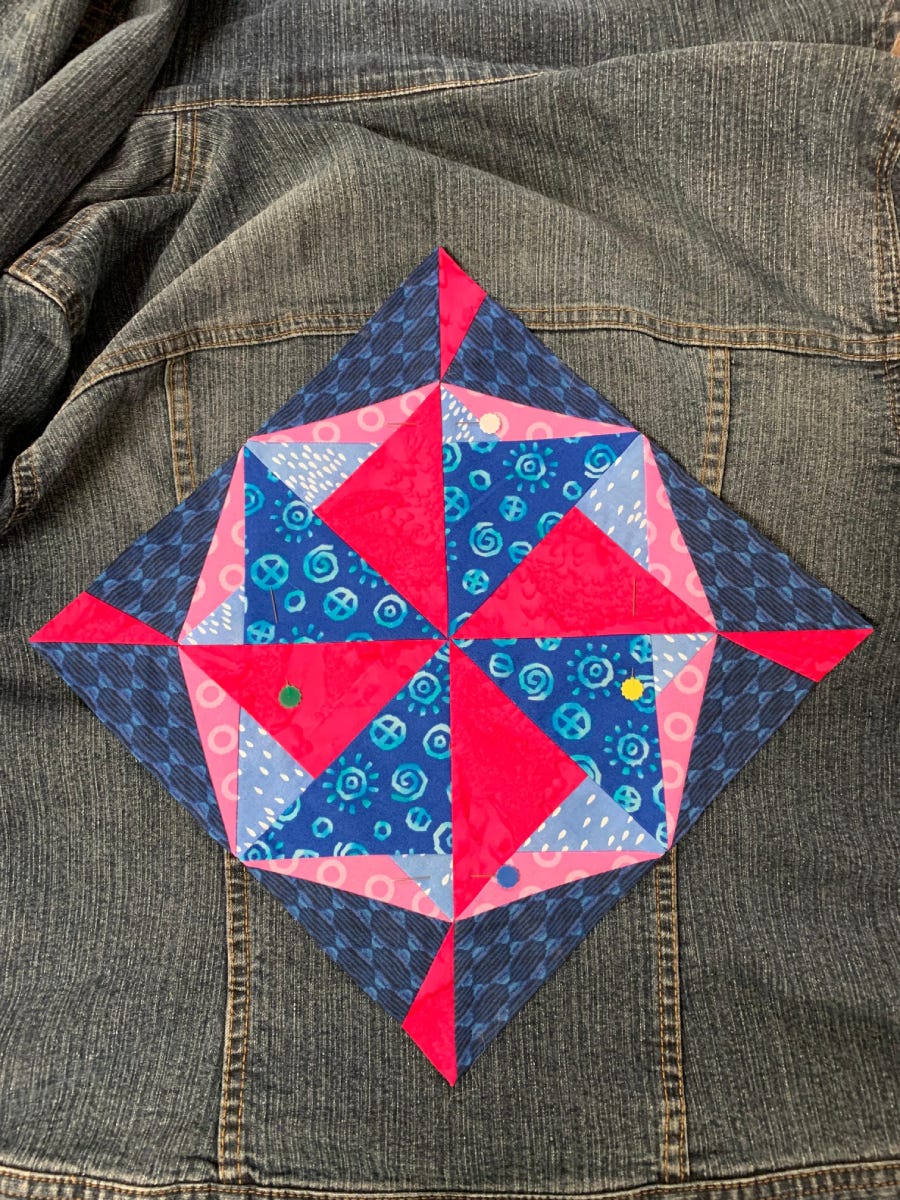 Lucky Star Block On Point Placement on the Jean Jacket