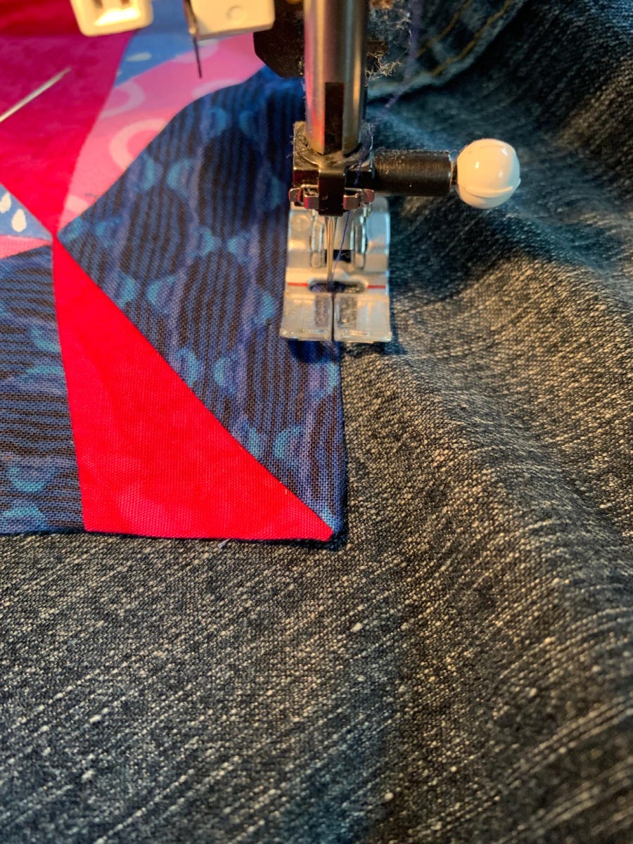 Sewing the Lucky Star Block onto the Jean Jacket