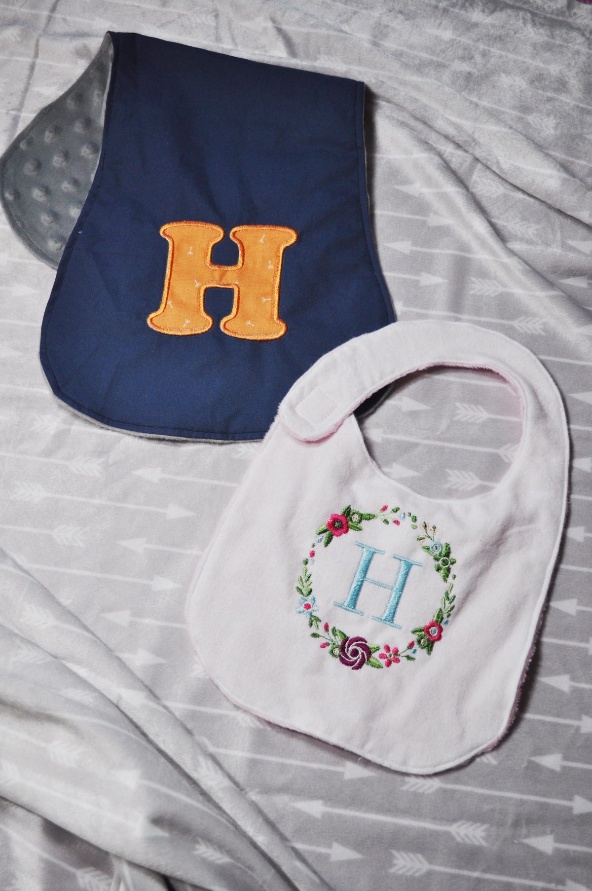 personalized monogramed baby bib and burp cloth