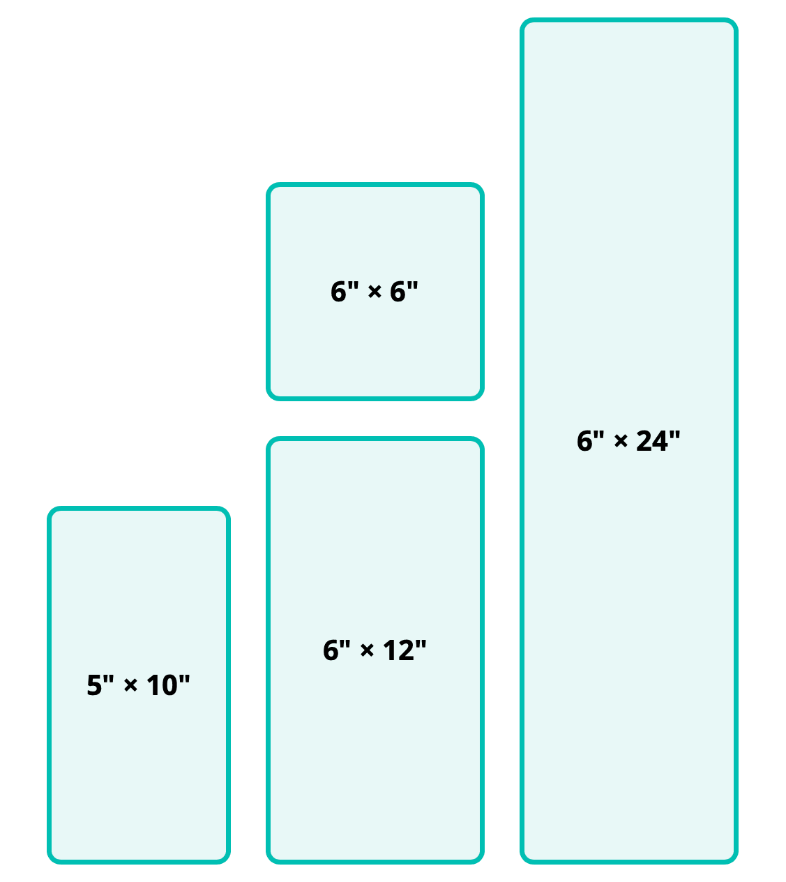 die sizes: 5" × 10", 6" × 6", 6" × 12"