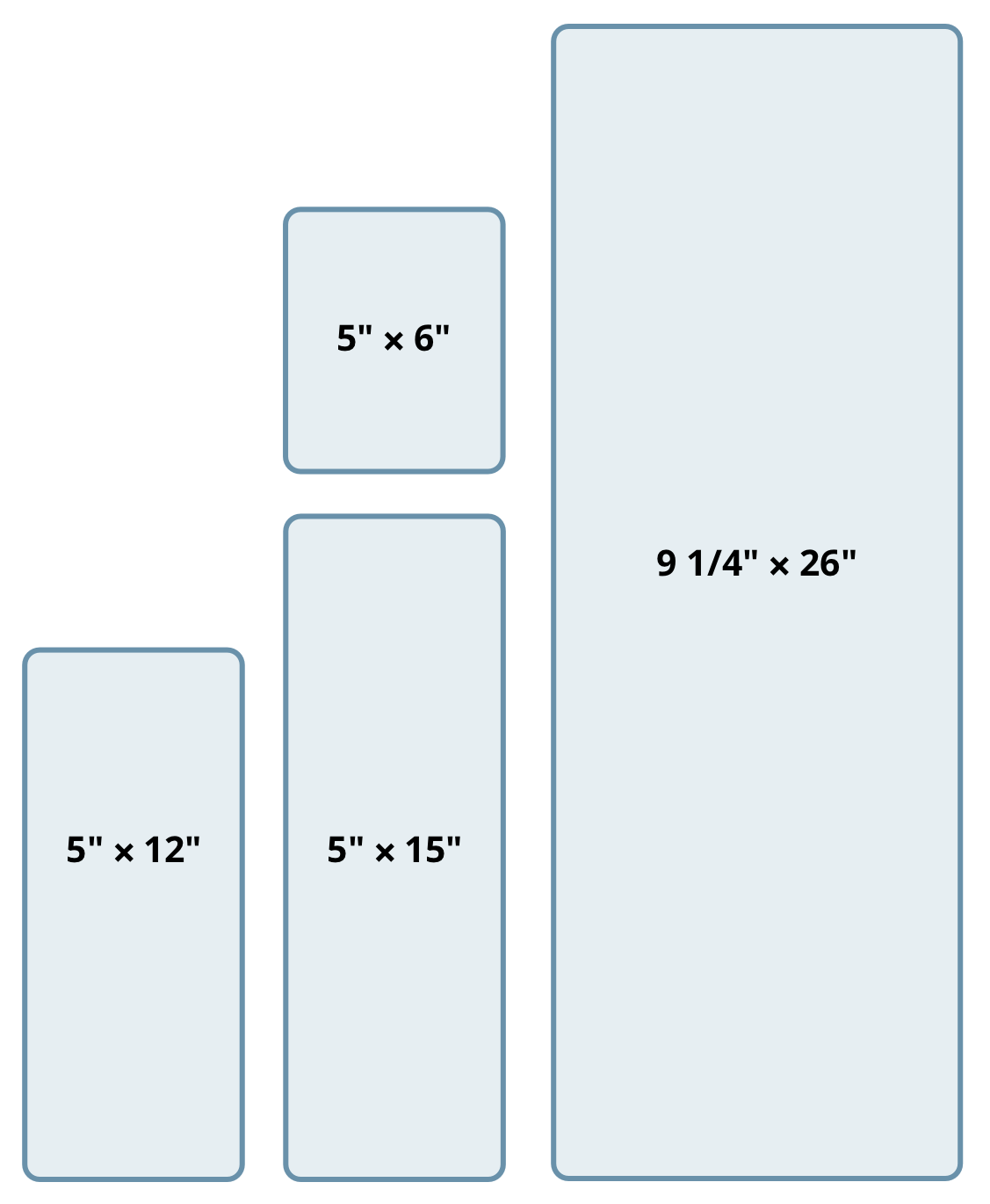 die sizes: 5" × 6", 5" × 12", 5" × 15", 9 1/4" × 26"