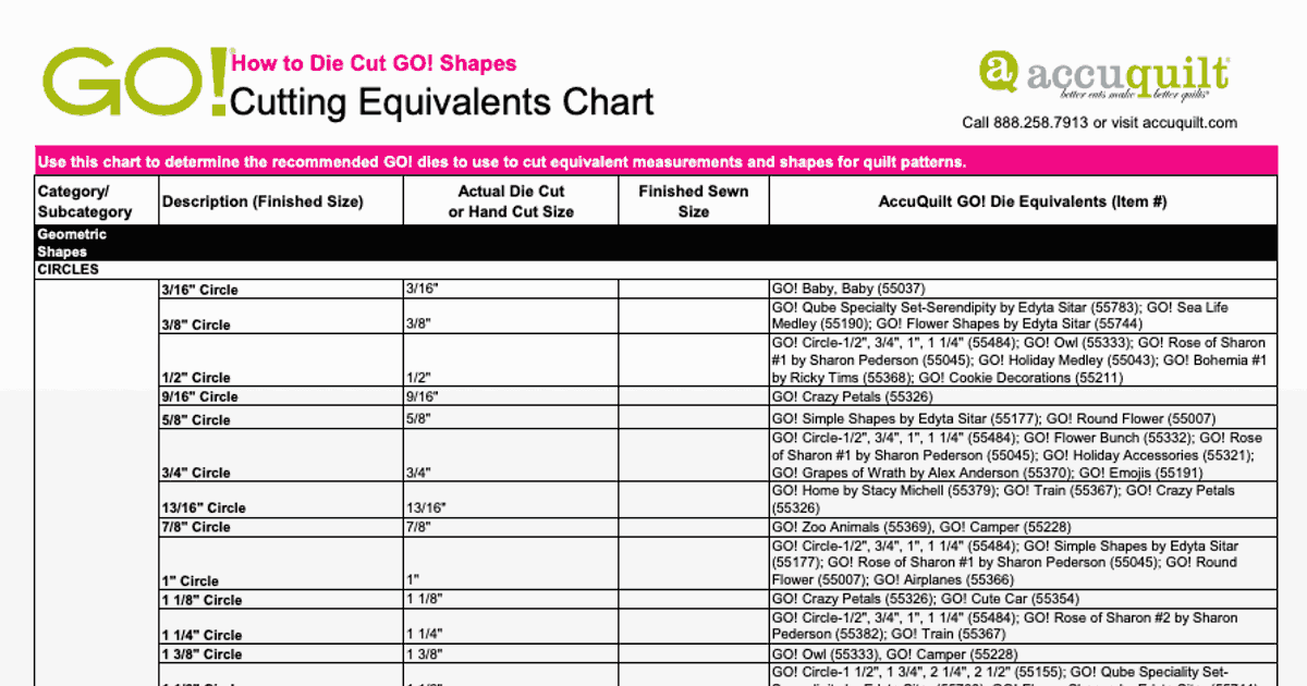 GO! Cutting Equivalents Chart - AccuQuilt